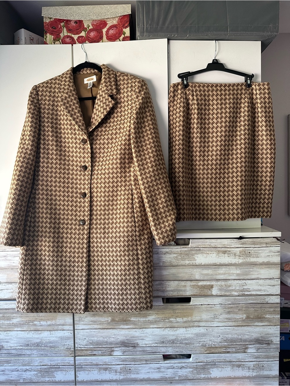 🧥 Talbots Size 12 Brown Tan Houndstooth 100% Wool Coat & Skirt Suit